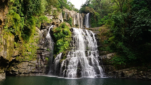 Waterfall surrounded by tropical forest in Costa Rica