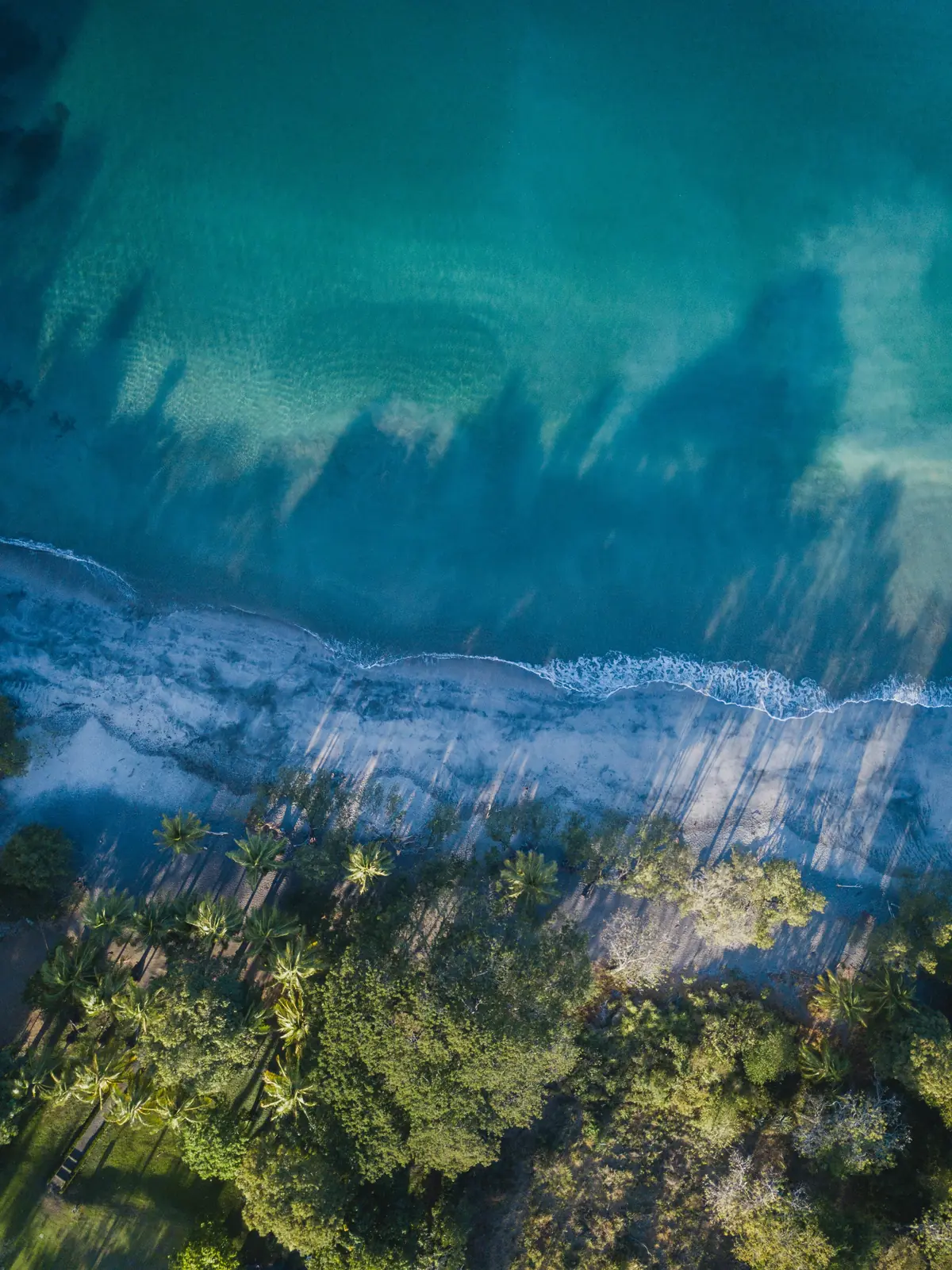 Aerial view of Playa Prieta with turquoise water and palm shadows on the sand